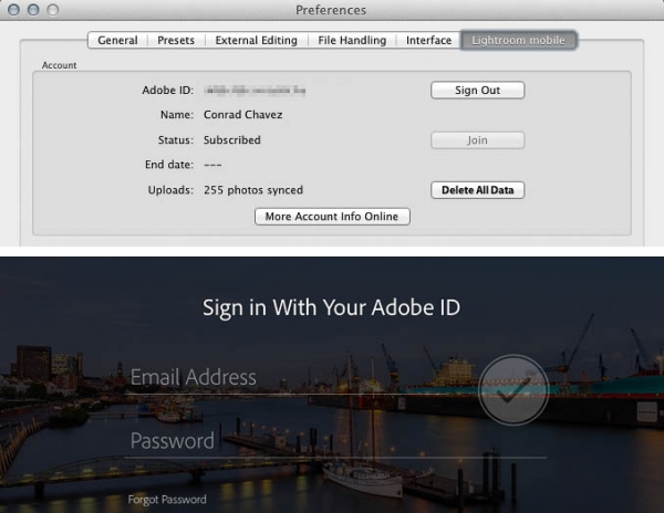 Signing in to Lightroom 5.4 on the desktop and Lightroom Mobile on iPad