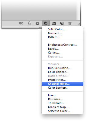Choose Channel Mixer from the Adjustment layer drop down list. Choose Channel Mixer from the Adjustment layer drop down list.