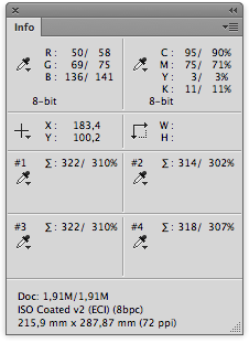The Info panel now shows the Total Ink values of your measuring points. The Info panel now shows the Total Ink values of your measuring points.