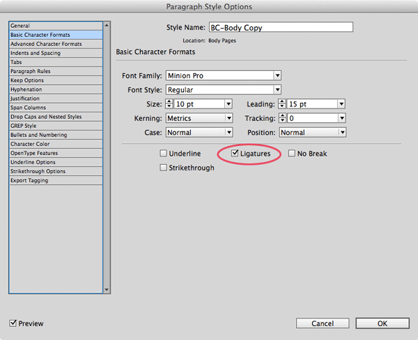 InDesign Paragraph Style Options Basic Character Formats