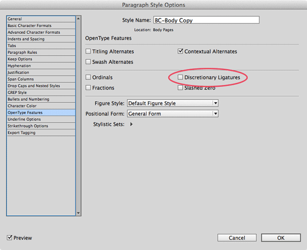 InDesign paragraph style options menu Opentype features