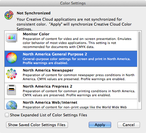 The "broken" registration icon indicates that the color settings for the applications are not sync'ed. Bridge Color Settings dialog box