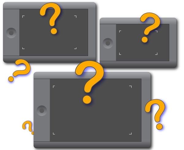 Which size graphics tablet should you buy? Graphics tablets of three different sizes with orange question marks around them