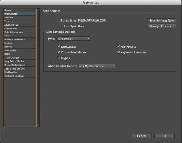 InDesign Sync Settings