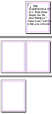 Thumbnails of four-page InDesign document with Fixed-page Autoflow mode icon and a text preview of the first few words of "The Scarecrow of Oz."