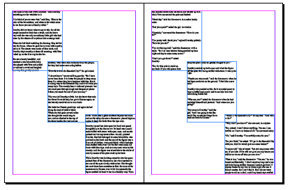 InDesign spread with three linked primary text frames on each page.