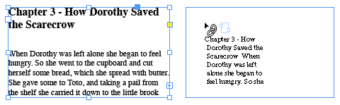 Two InDesign text frames show selected frame on left with text, icon with chain link icon hovering over second blank frame.