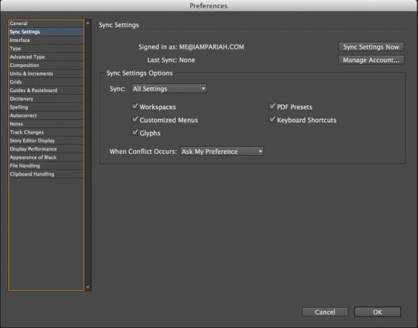 InDesign Sync Settings InDesign Sync Settings