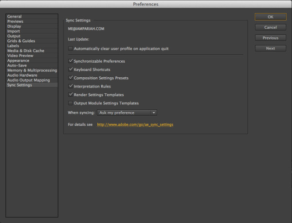 After Effects Sync Settings After Effects Sync Settings